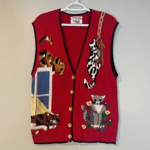 Vintage Cat Vest Sweater Women's 2XL Hand Knit Gold Button Front Red Arlando 80s